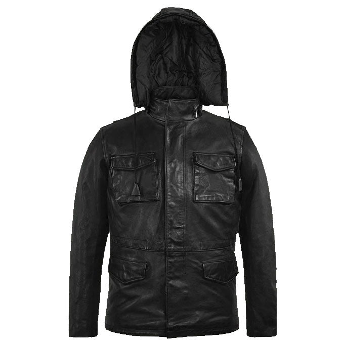 Black Military M-65 Hood Leather Jacket - AMSEL LEATHERS