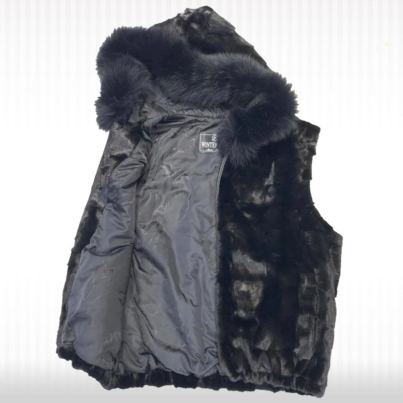 Black Mink Diamond Cut Fox Fur Hooded Vest - AMSEL LEATHERS