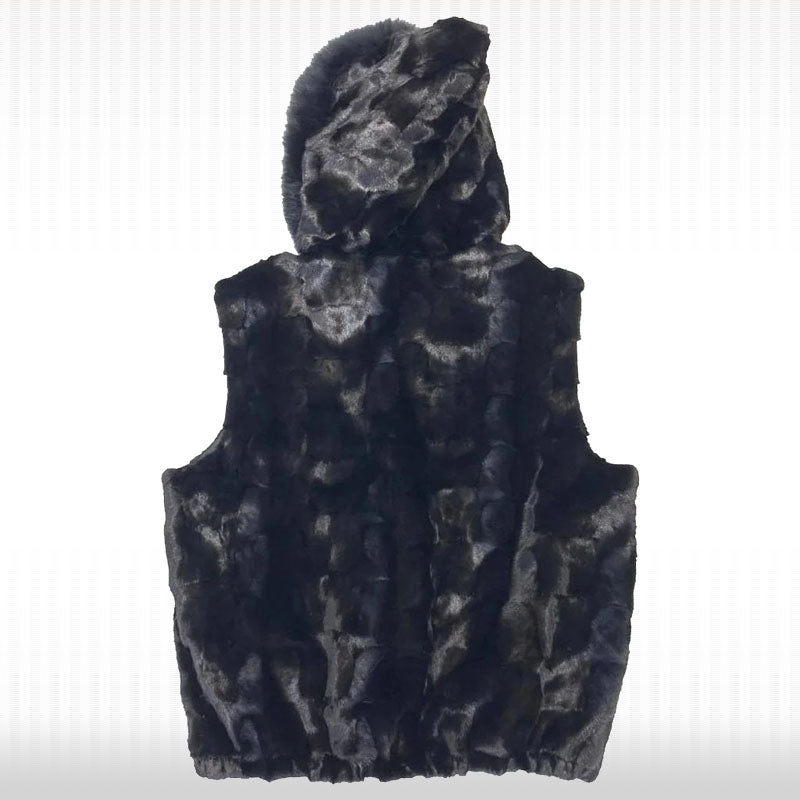 Black Mink Diamond Cut Fox Fur Hooded Vest - AMSEL LEATHERS