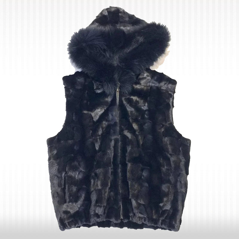 Black Mink Diamond Cut Fox Fur Hooded Vest - AMSEL LEATHERS