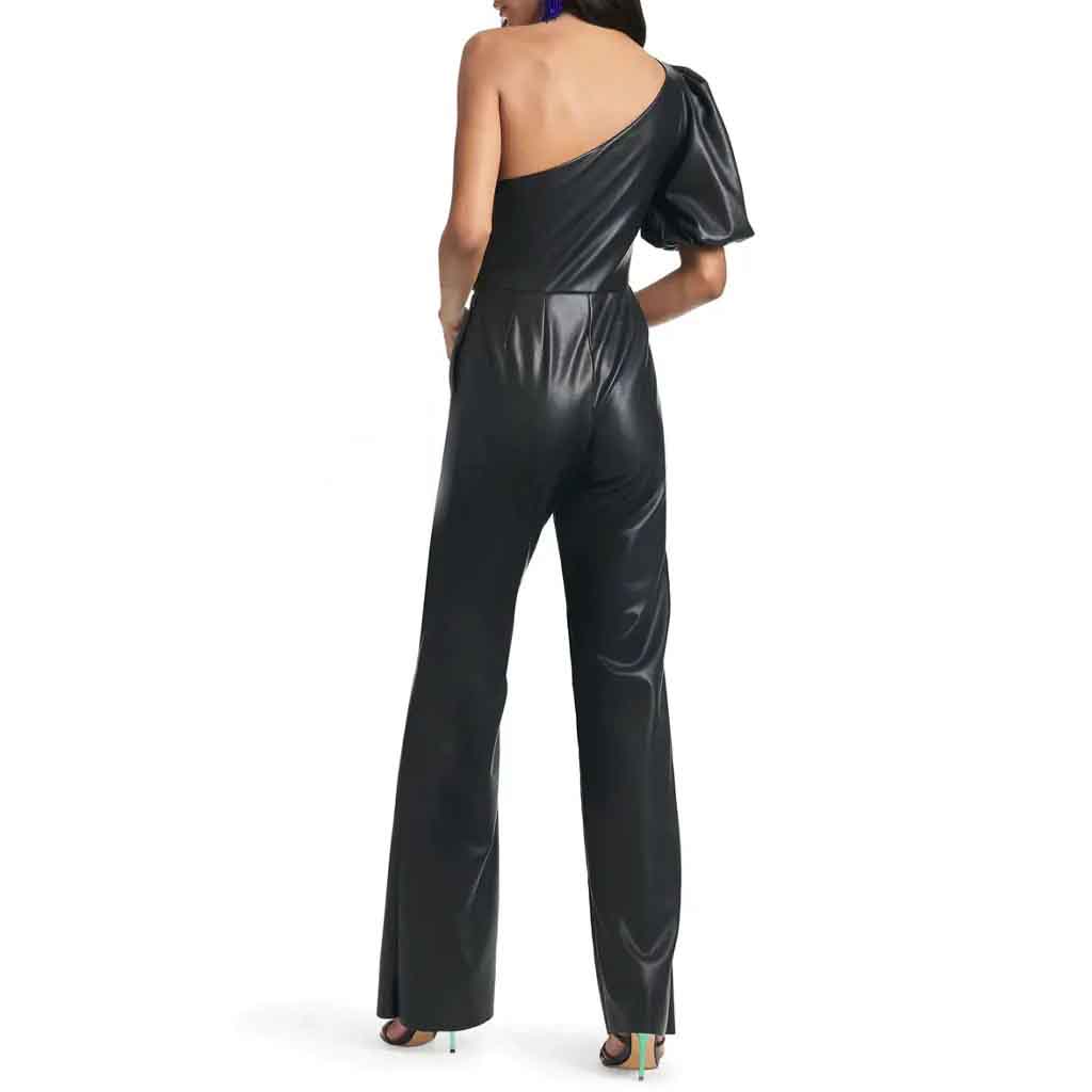 Black One Shoulder Flared Leather Jumpsuit for Women - AMSEL LEATHERS