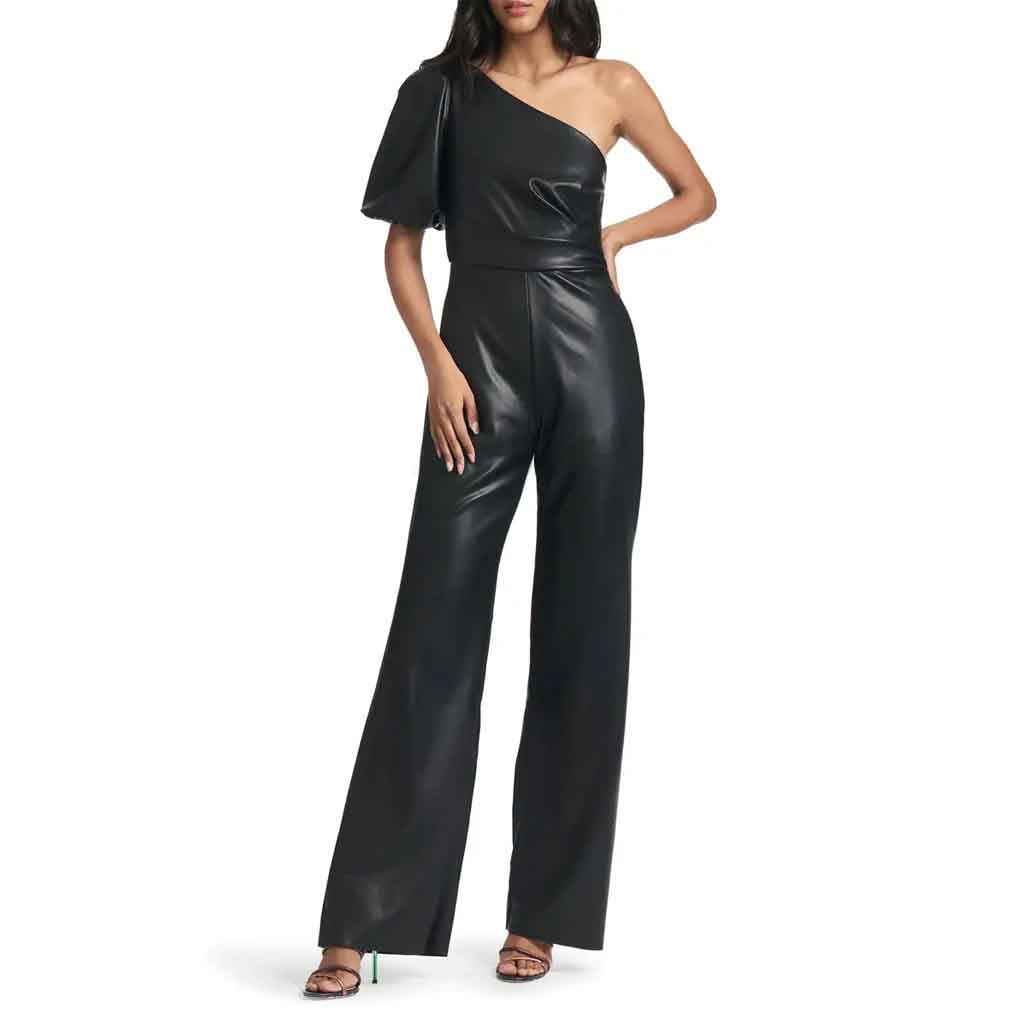 Black One Shoulder Flared Leather Jumpsuit for Women - AMSEL LEATHERS