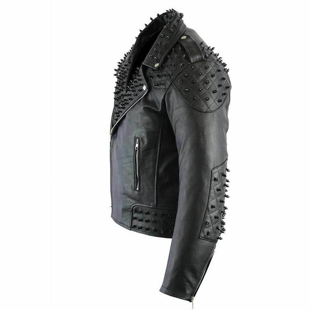 Men's Black Punk Studded Biker Leather Jacket - AMSEL LEATHERS