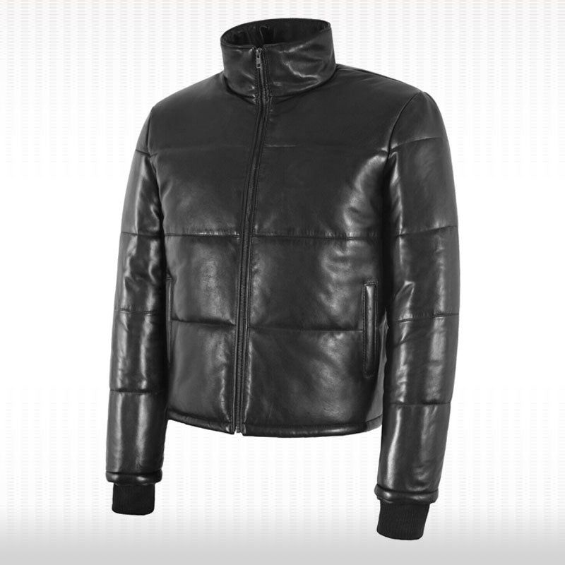 Black Real Leather Puffer Jacket - Short Padded Warm Winter Jacket - AMSEL LEATHERS