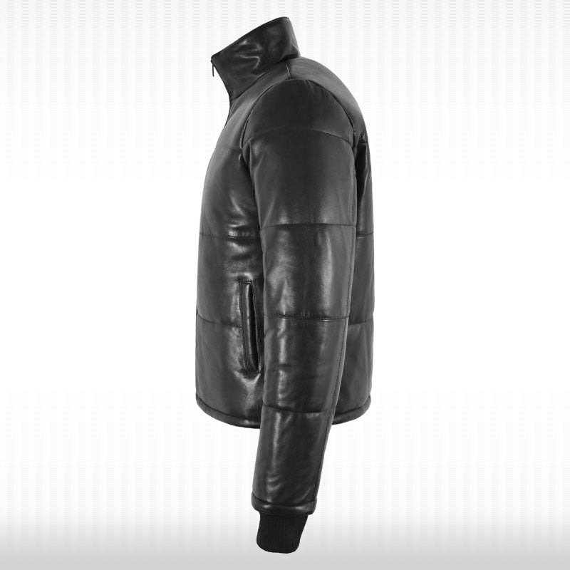 Black Real Leather Puffer Jacket - Short Padded Warm Winter Jacket - AMSEL LEATHERS