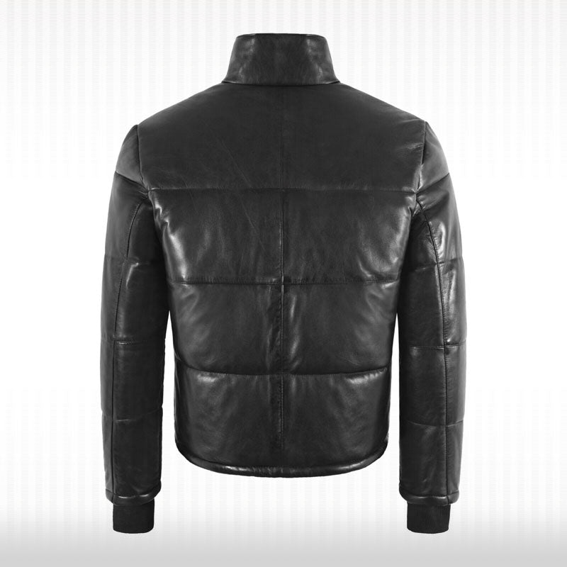 Black Real Leather Puffer Jacket - Short Padded Warm Winter Jacket - AMSEL LEATHERS