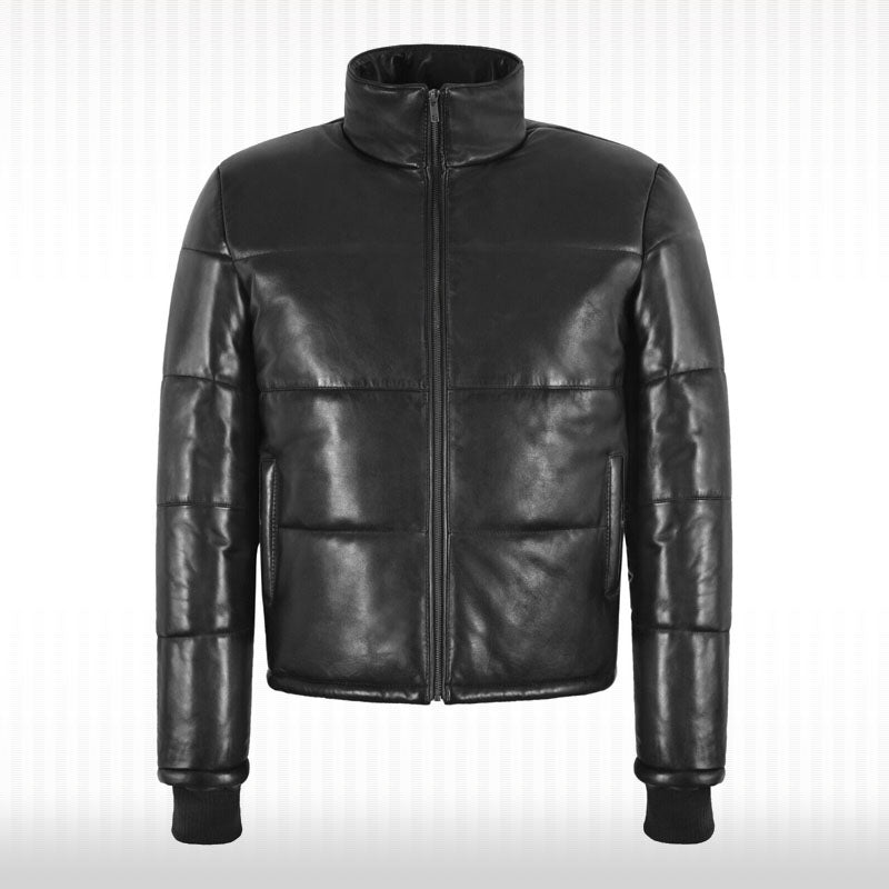 Black Real Leather Puffer Jacket - Short Padded Warm Winter Jacket - AMSEL LEATHERS