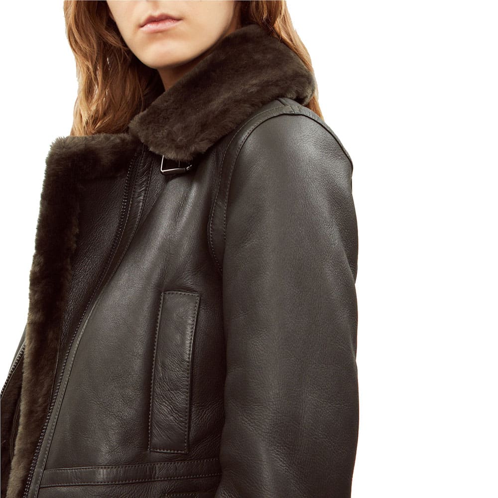 Women's Black Shearling Bomber Leather Jacket - AMSEL LEATHERS