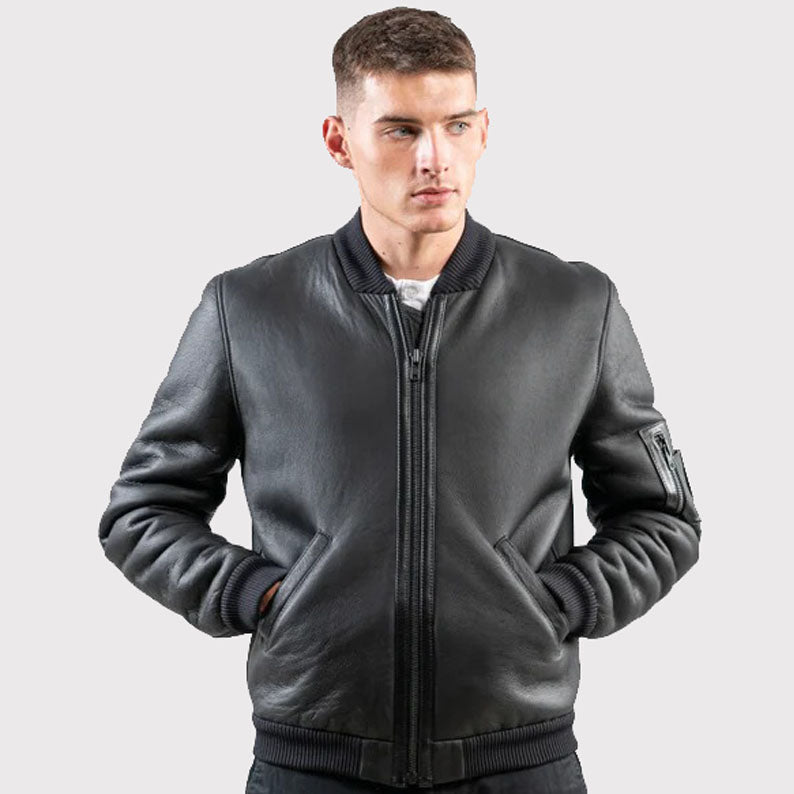 Black Sheepskin Bomber Jacket for Men - AMSEL LEATHERS