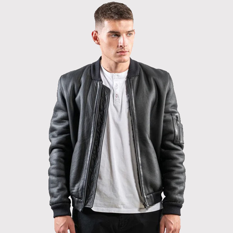 Black Sheepskin Bomber Jacket for Men - AMSEL LEATHERS