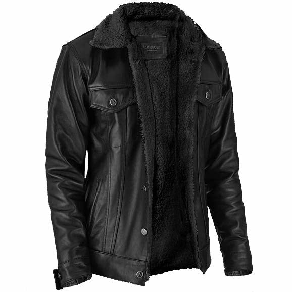 Black Sherpa Leather Jacket - AMSEL LEATHERS