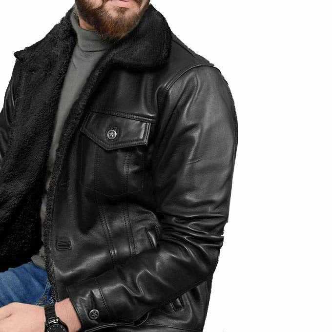 Black Sherpa Leather Jacket - AMSEL LEATHERS