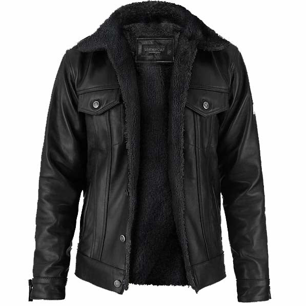 Black Sherpa Leather Jacket - AMSEL LEATHERS