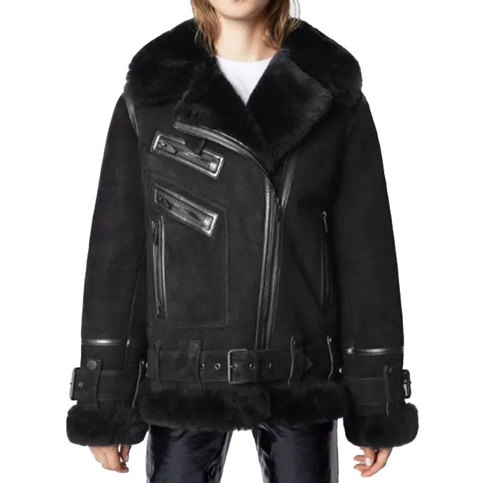 Women's Black Suede Shearling Leather Jacket - AMSEL LEATHERS