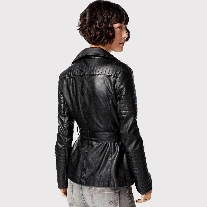 Black Women's Lambskin Leather Coat - AMSEL LEATHERS