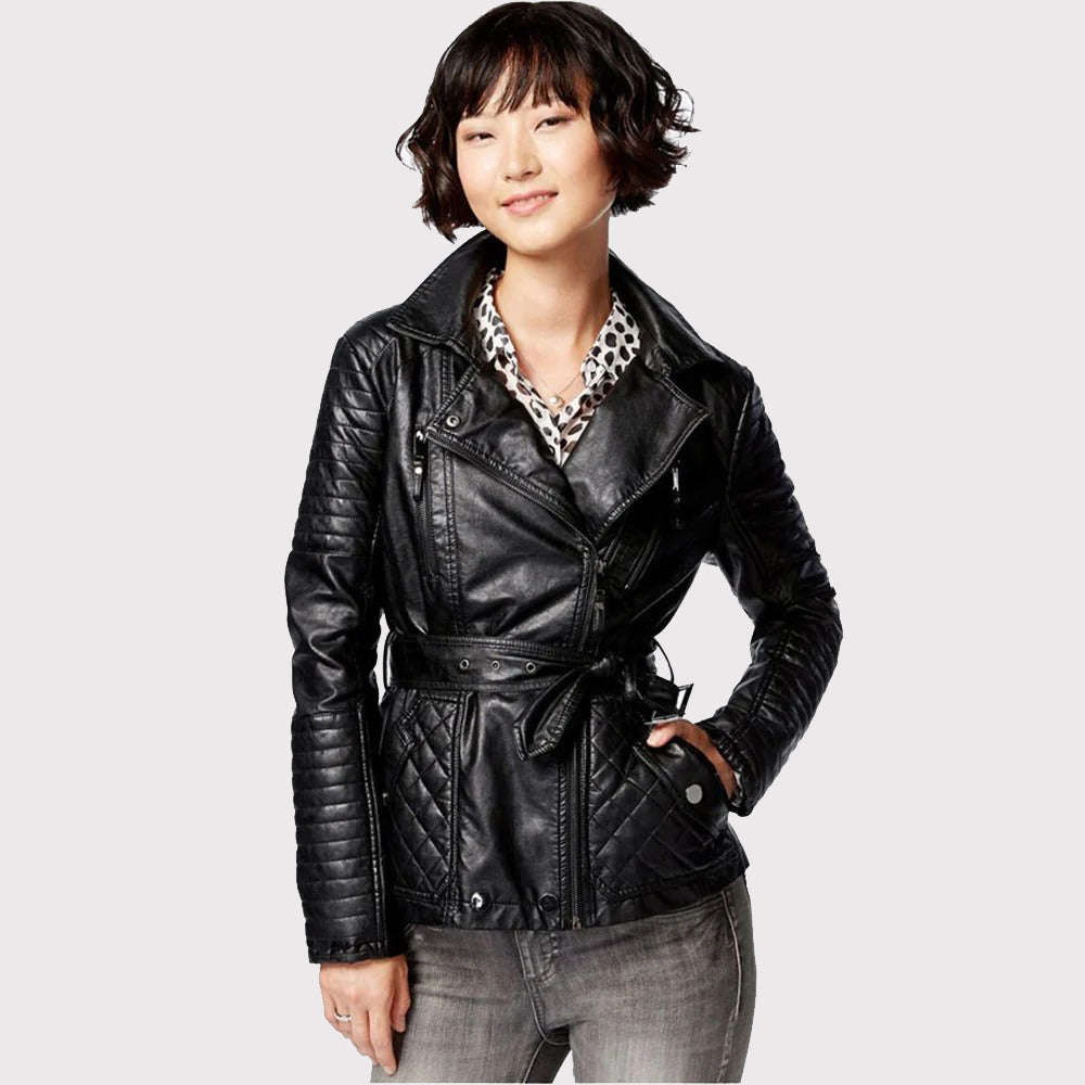 Black Women's Lambskin Leather Coat - AMSEL LEATHERS