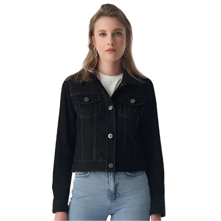 Black Women's Western Suede Leather Jacket - AMSEL LEATHERS