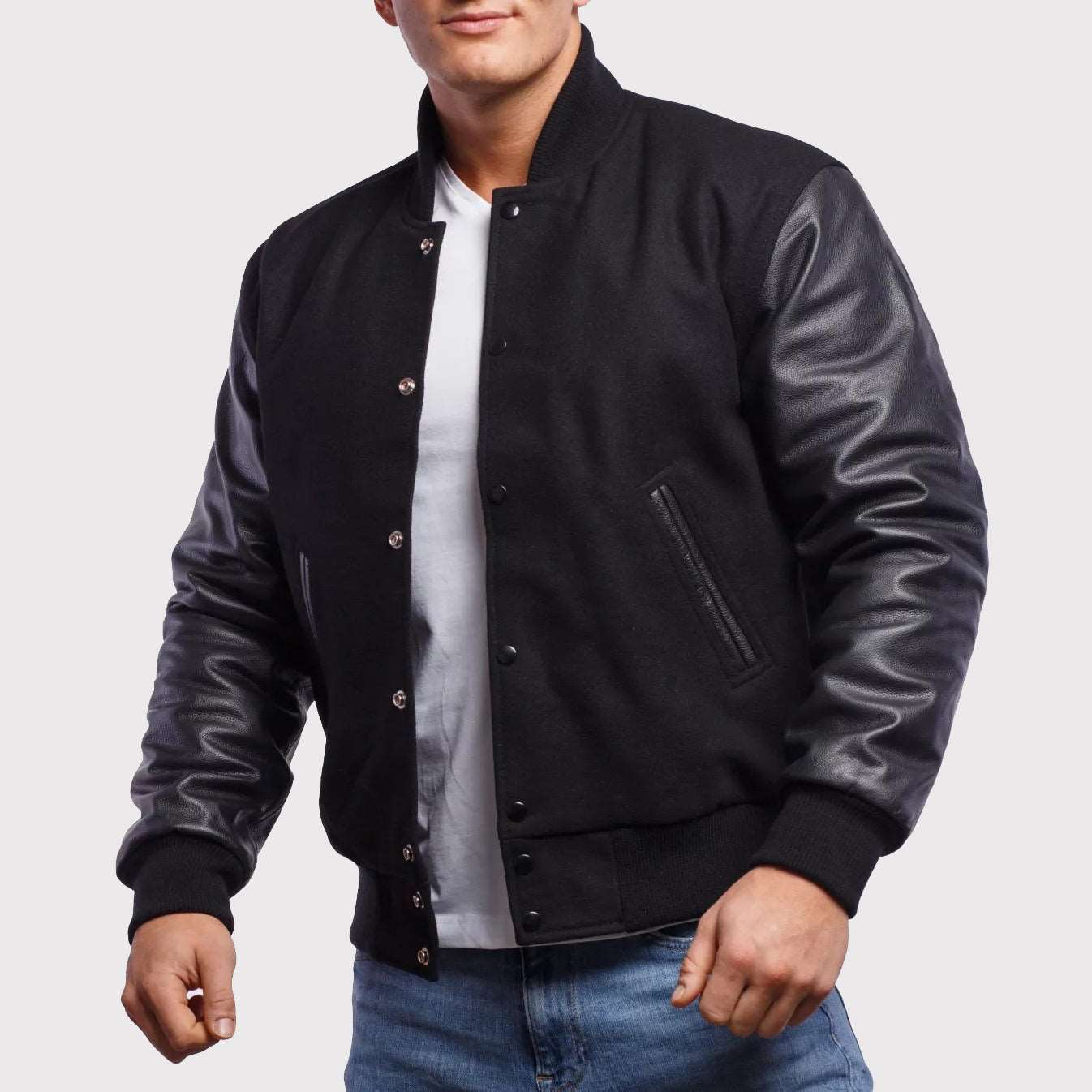 Classic Black Wool Body & Leather Sleeves Letterman Jacket - AMSEL LEATHERS