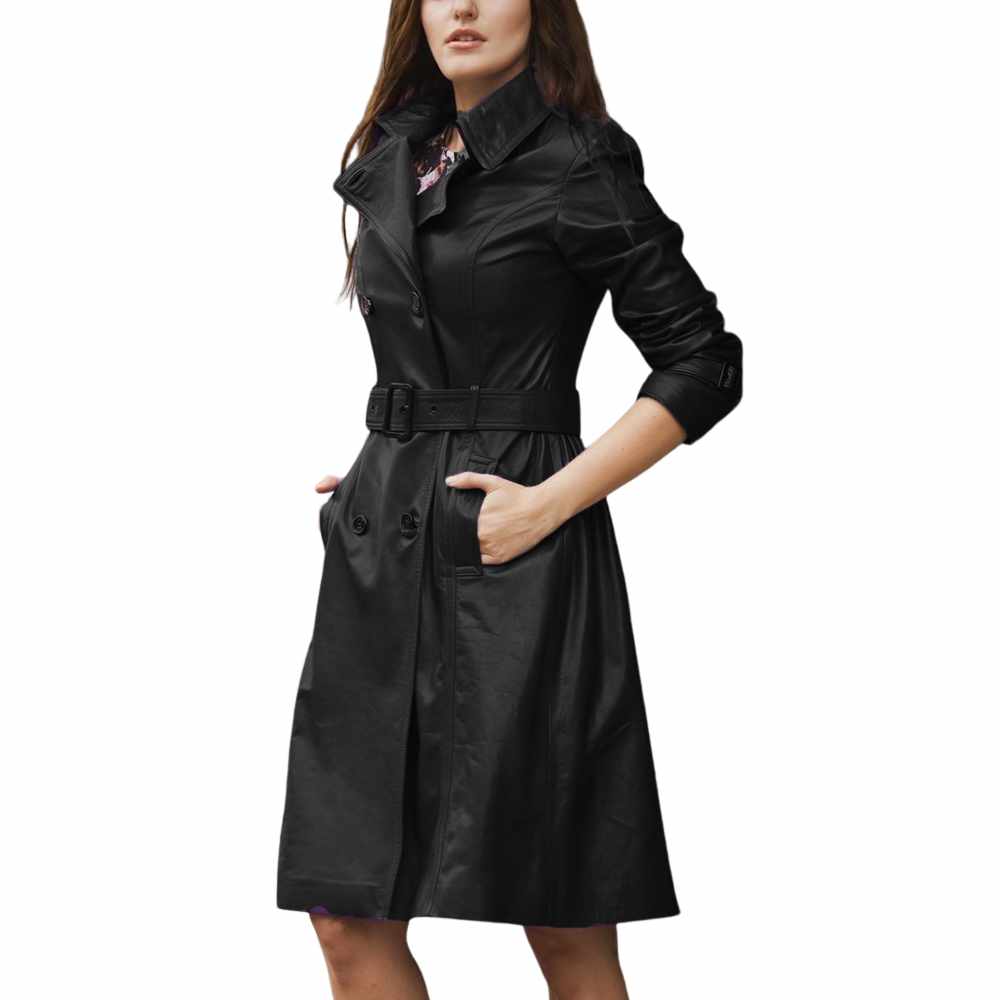 Women Slim Fit Genuine Leather Dress Trench Coat - AMSEL LEATHERS