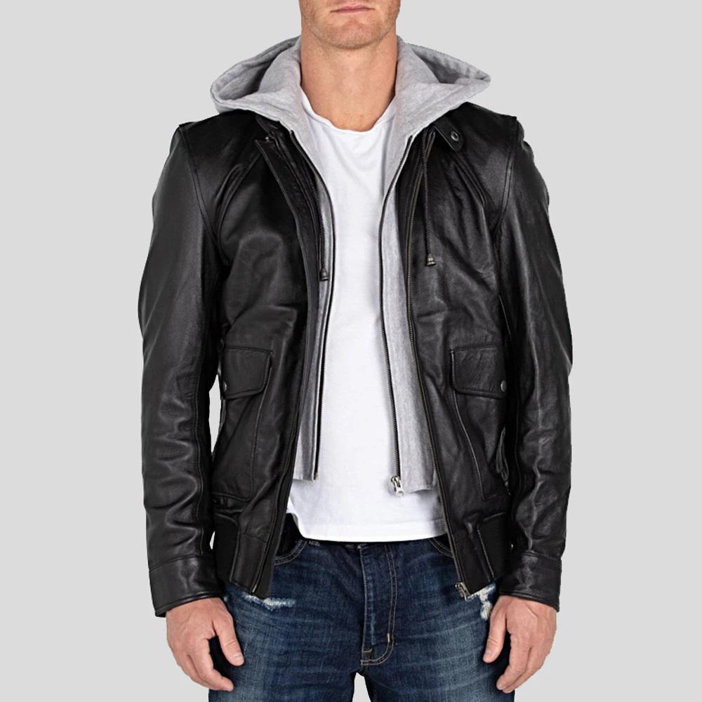 black hooded leather jacket mens front view