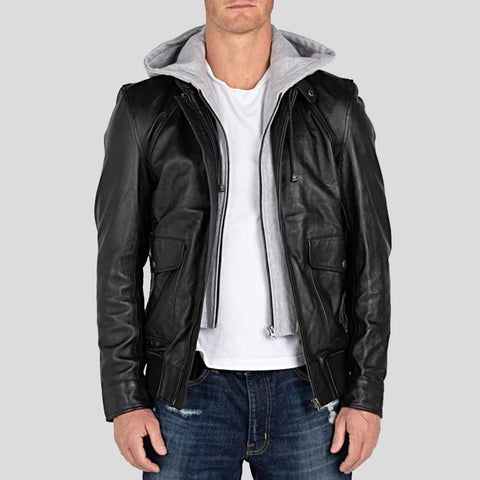 black hooded leather jacket mens front view