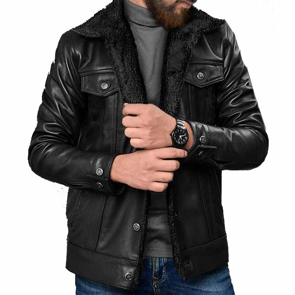 Black Sherpa Leather Jacket - AMSEL LEATHERS