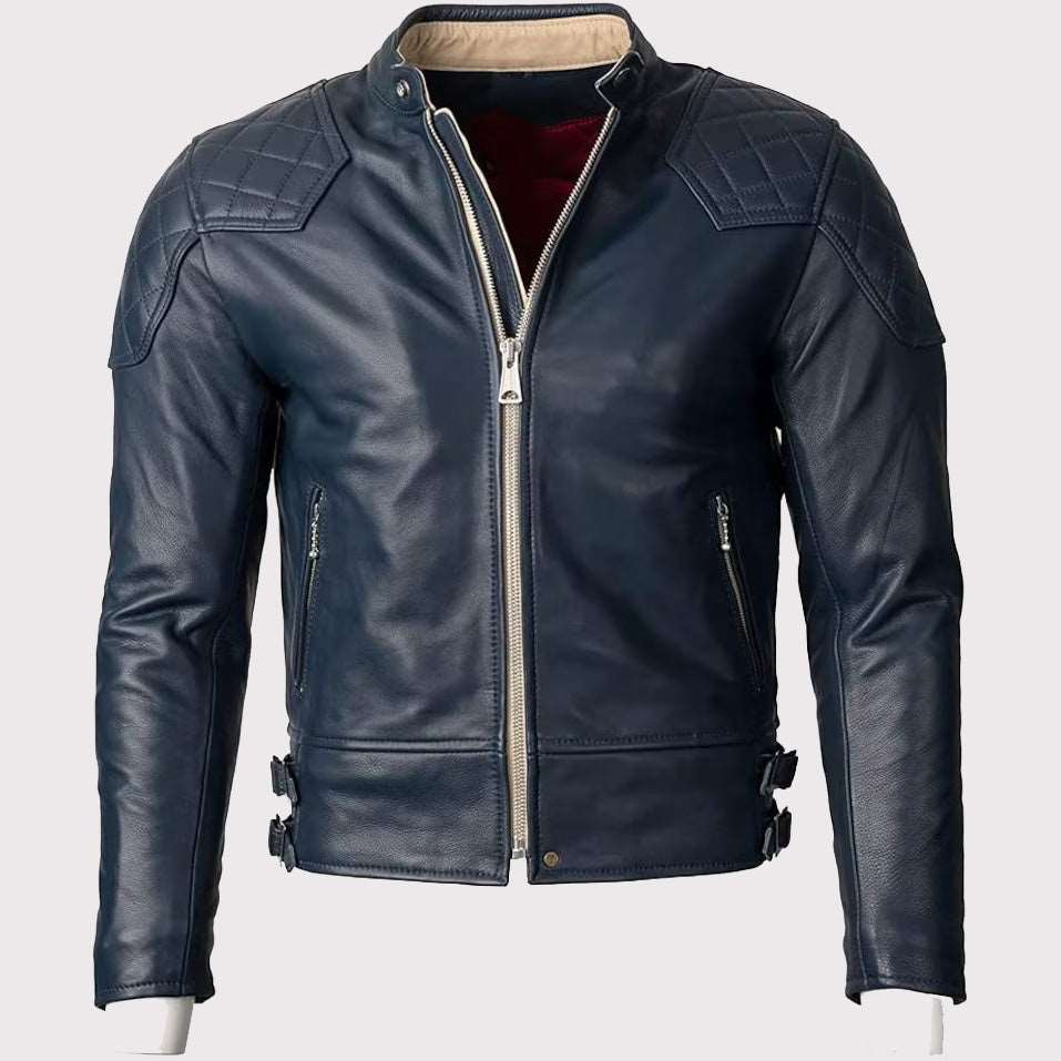 Blue Motorcycle Leather Jacket for Men - Gold Top - AMSEL LEATHERS