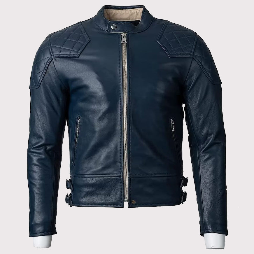 Blue Motorcycle Leather Jacket for Men - Gold Top - AMSEL LEATHERS