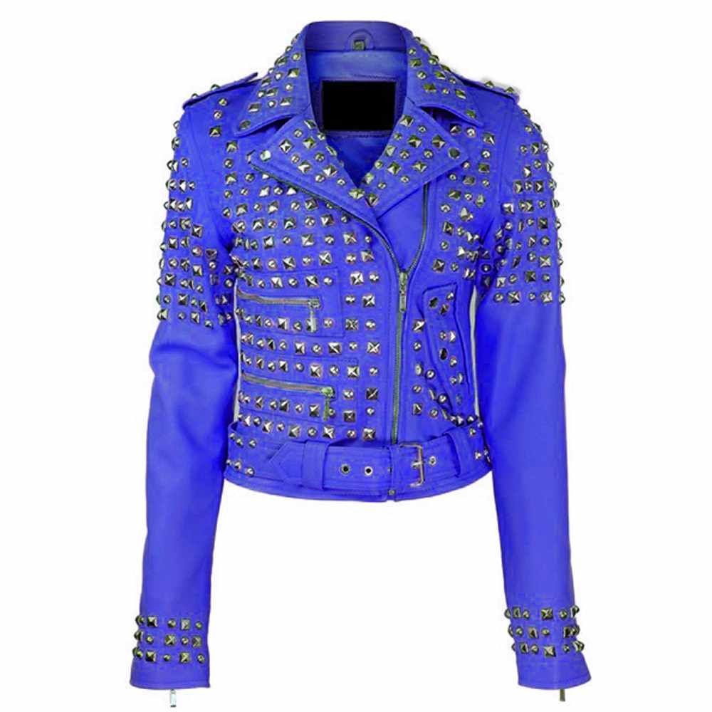 Women Studded Brando Motorcycle Genuine Leather Jacket - AMSEL LEATHERS