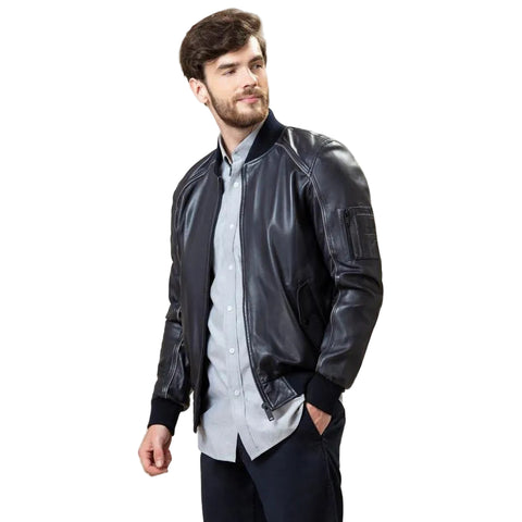 black lambskin leather bomber jacket mens front view