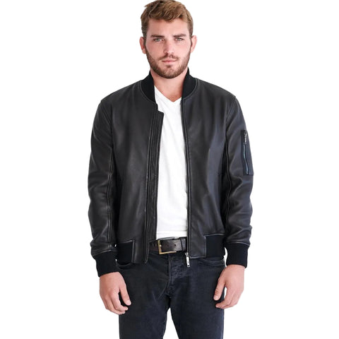 men's black lambskin leather bomber jacket rowan front view