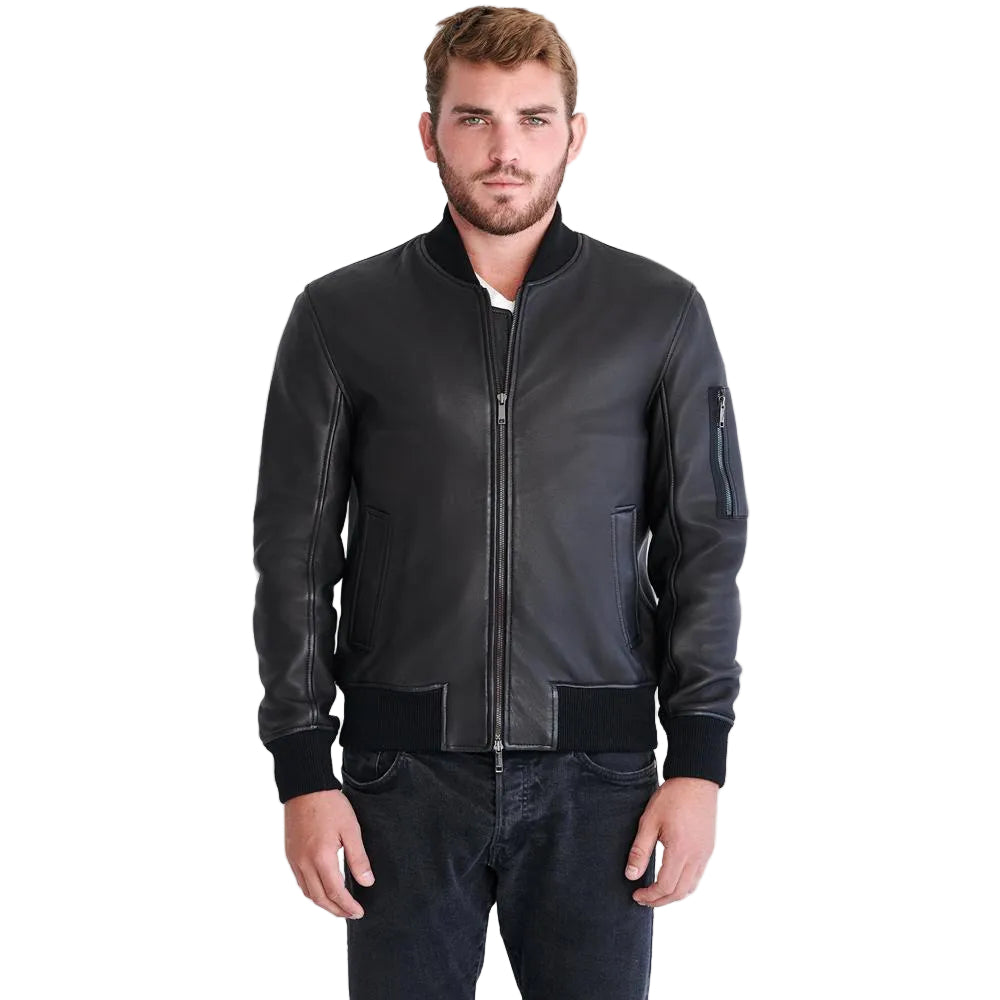 men's black lambskin leather bomber jacket rowan side angle