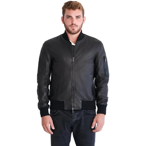 men's black lambskin leather bomber jacket rowan side angle