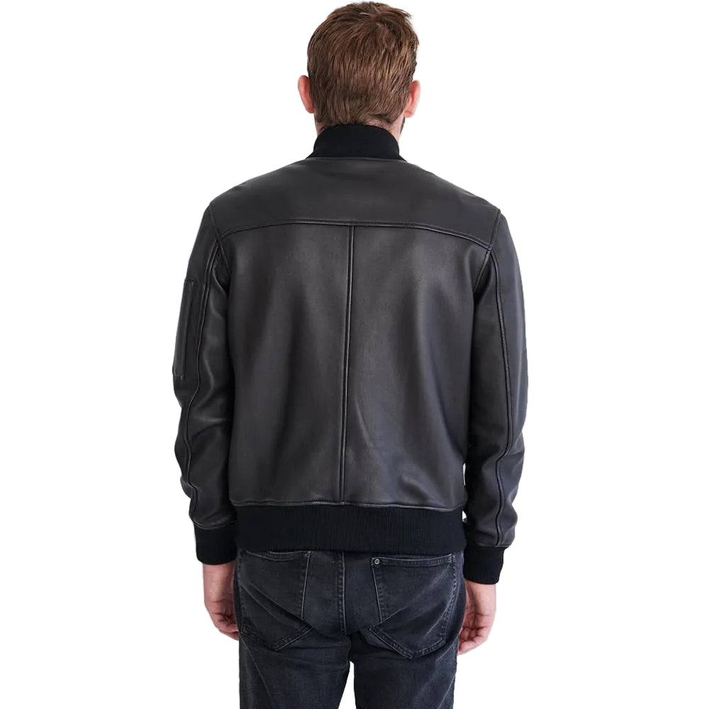men's black lambskin leather bomber jacket rowan back view