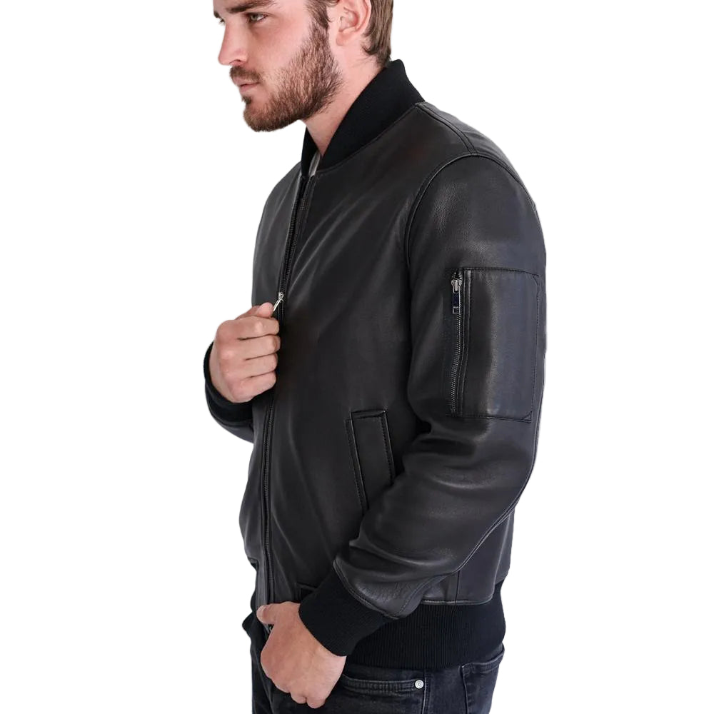 men's black lambskin leather bomber jacket rowan detail close up