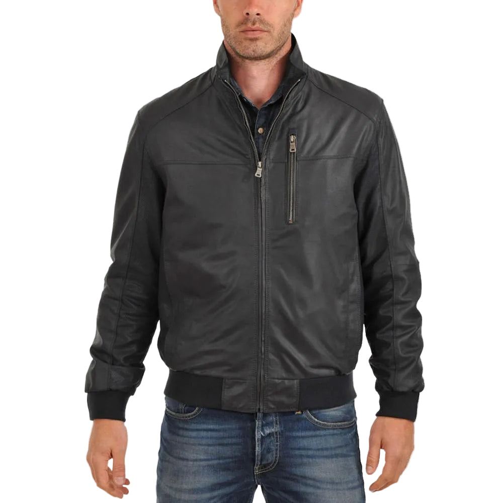 • black lambskin bomber jacket mens front view
