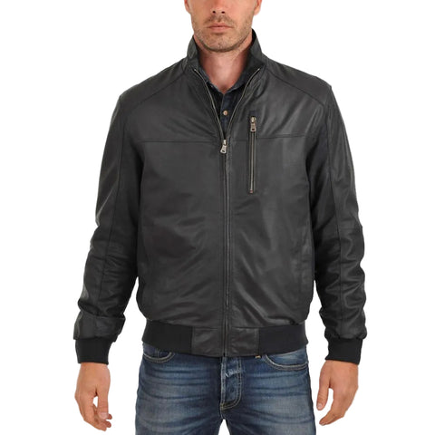 • black lambskin bomber jacket mens front view

