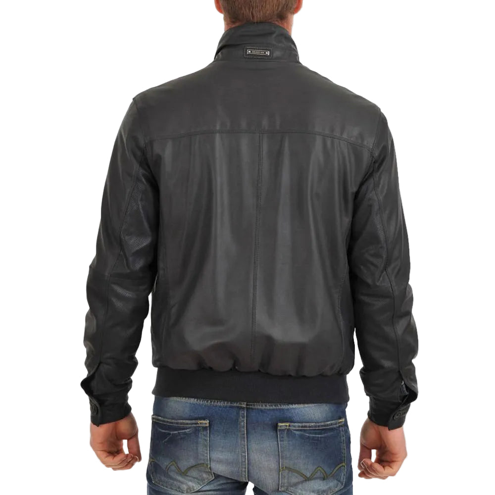 • high neck leather bomber collar detail

