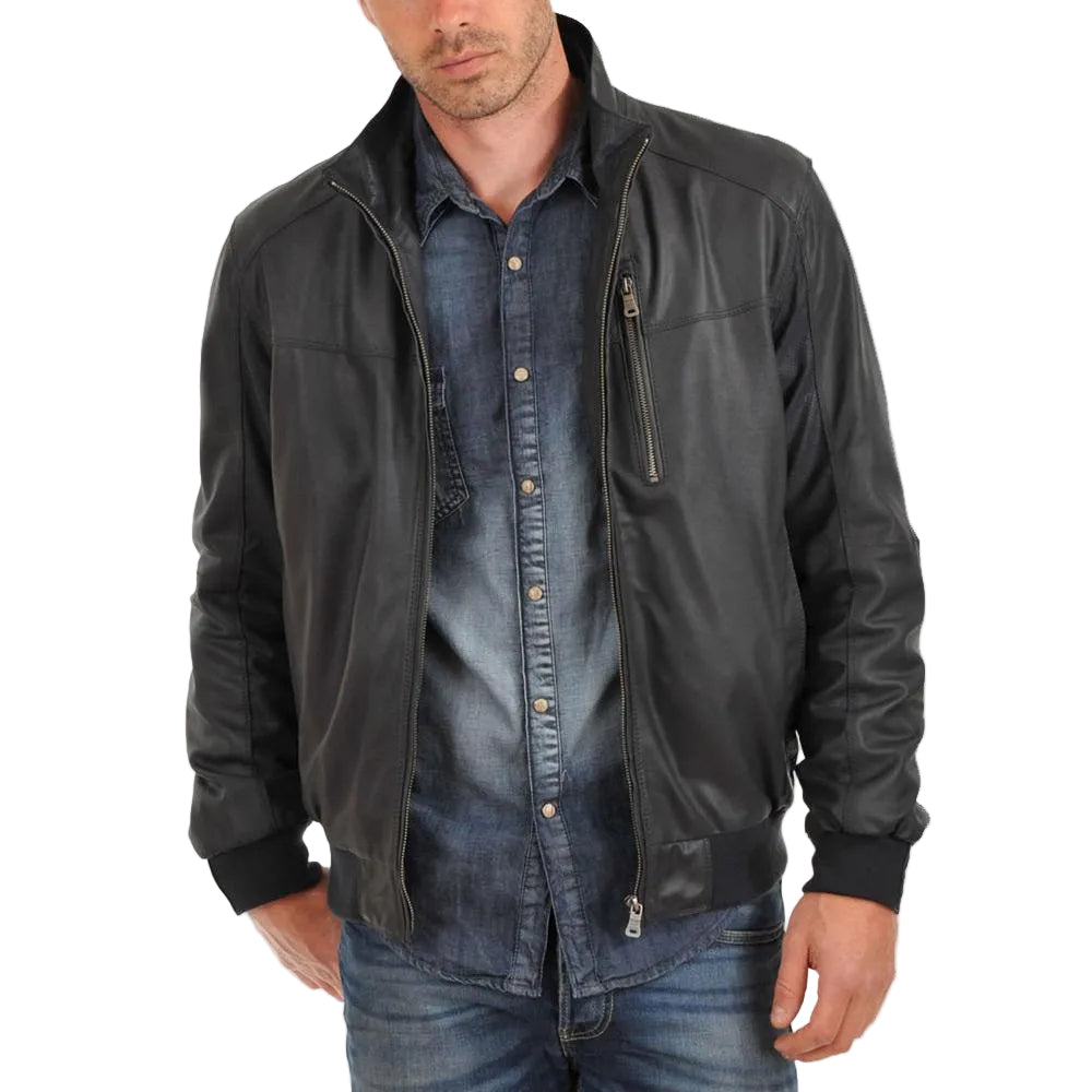 • rib knit cuff button detail leather jacket
