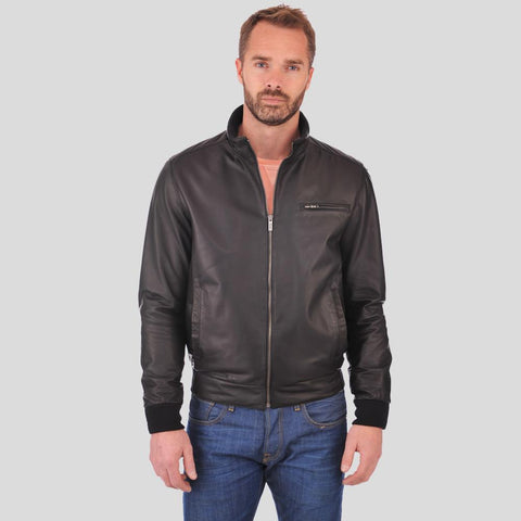 • black leather bomber jacket mens front view
