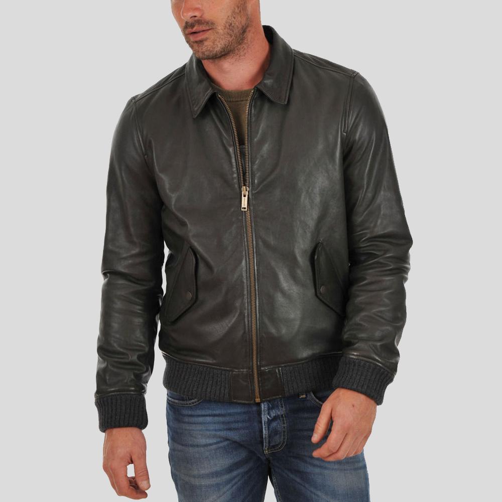 • black bomber leather jacket mens front view
