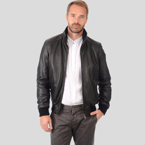 • black bomber leather jacket mens front view
