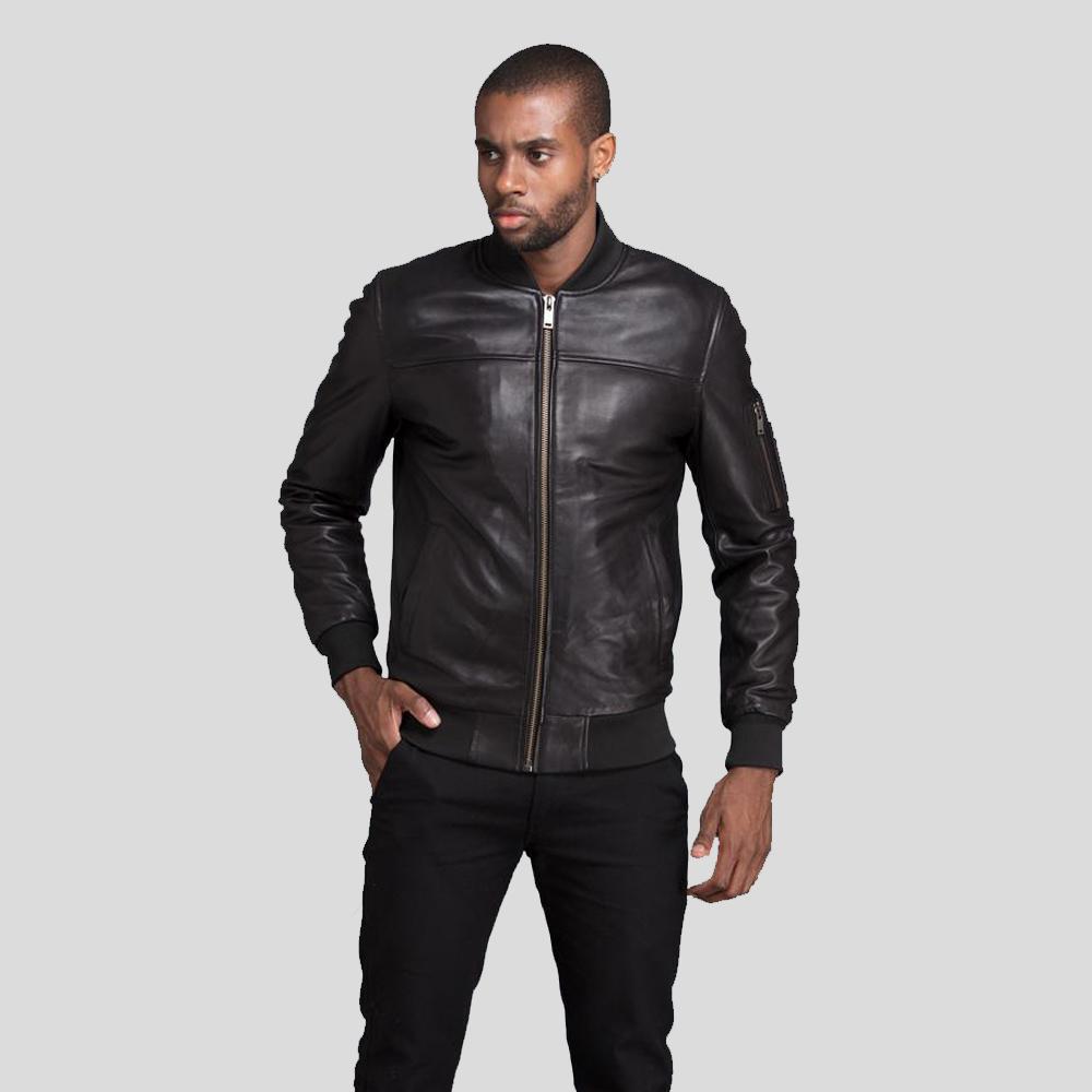 men's black lambskin leather bomber jacket atlas front view