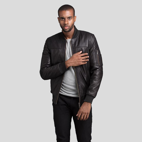 men's black lambskin leather bomber jacket atlas side angle