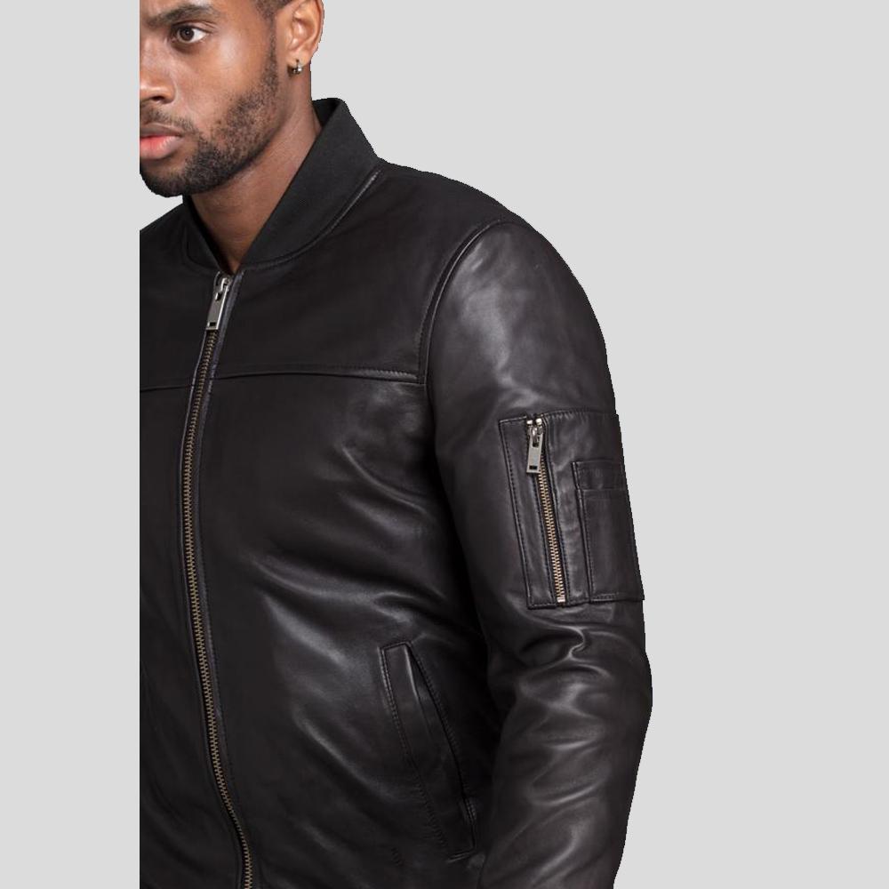men's black lambskin leather bomber jacket atlas back view
