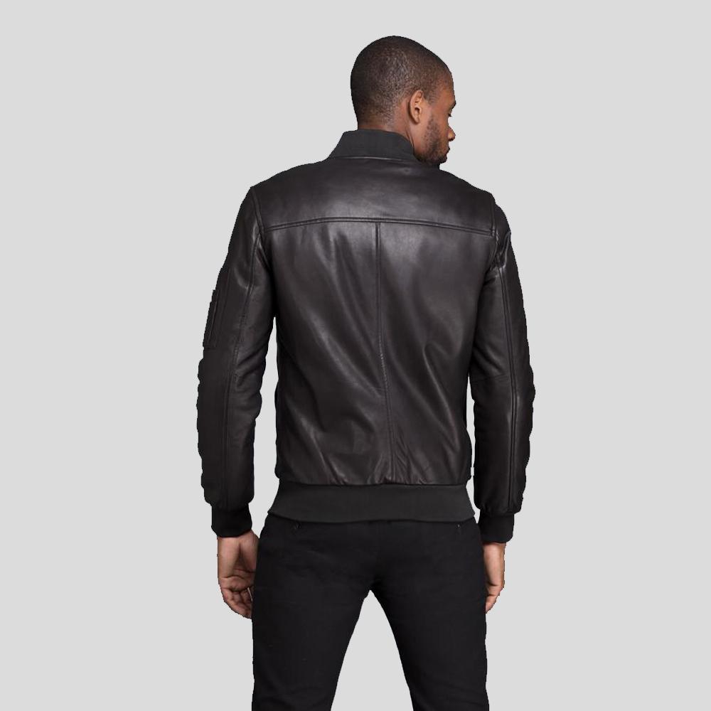 men's black lambskin leather bomber jacket atlas detail close up