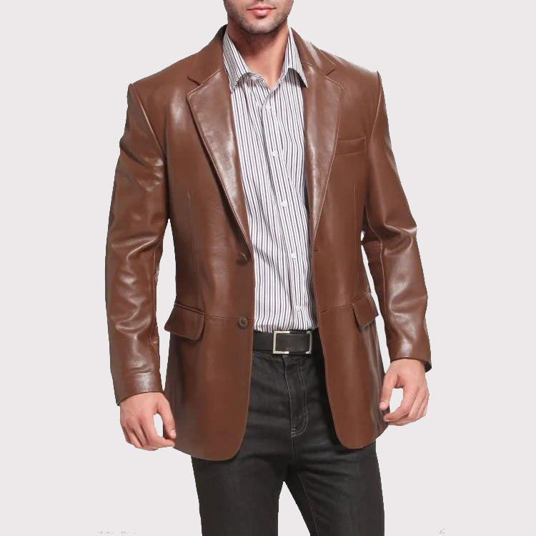 Branded Brown Lambskin Leather Blazer for Men - AMSEL LEATHERS