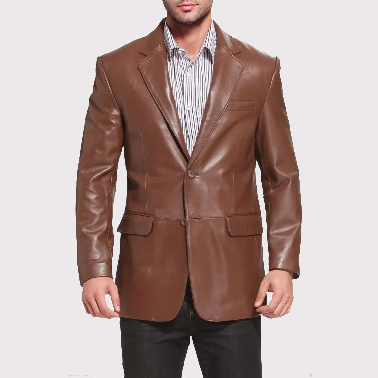 Branded Brown Lambskin Leather Blazer for Men - AMSEL LEATHERS