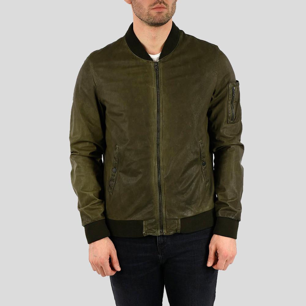 men's green suede leather jacket garrick front view