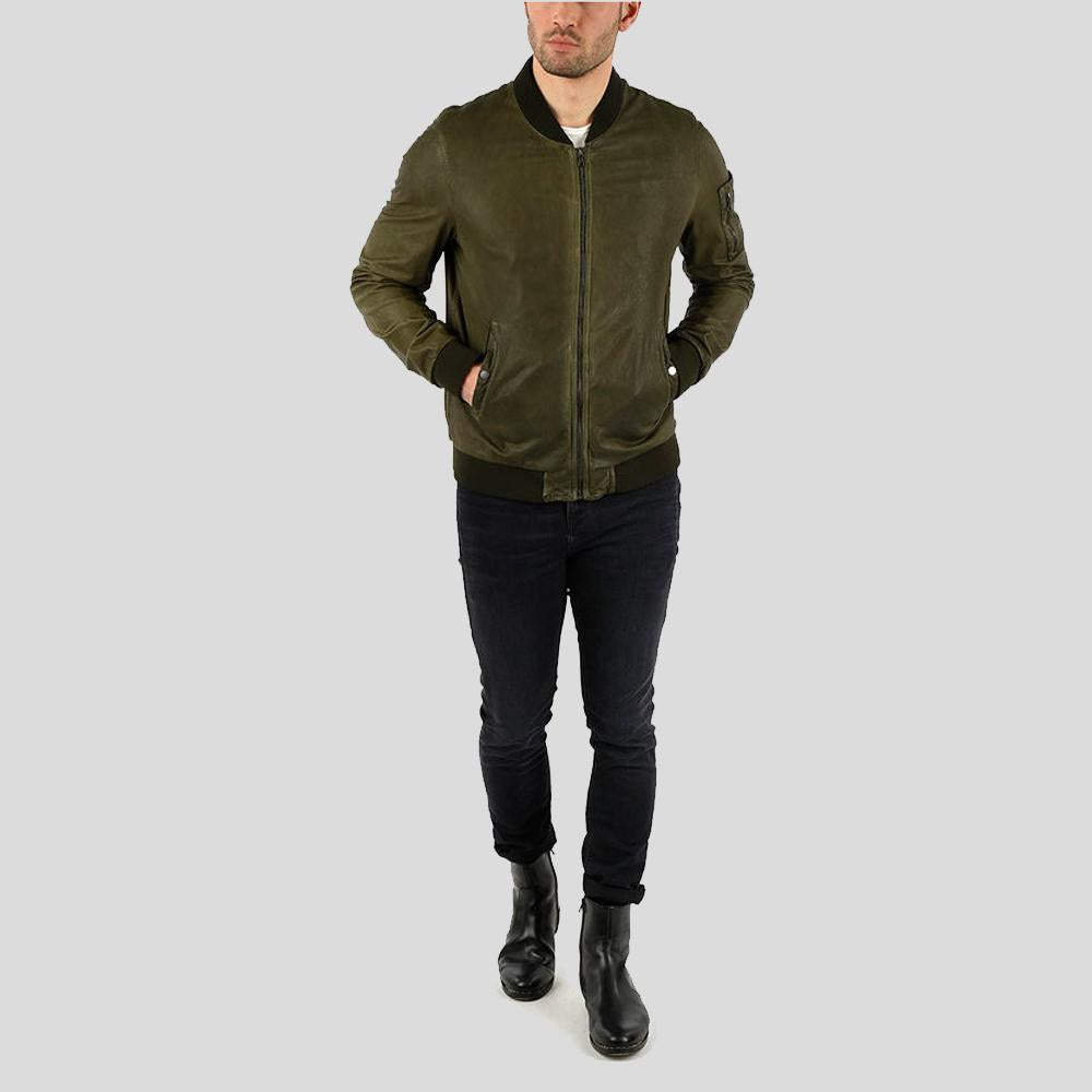 men's green suede leather jacket garrick detail close up